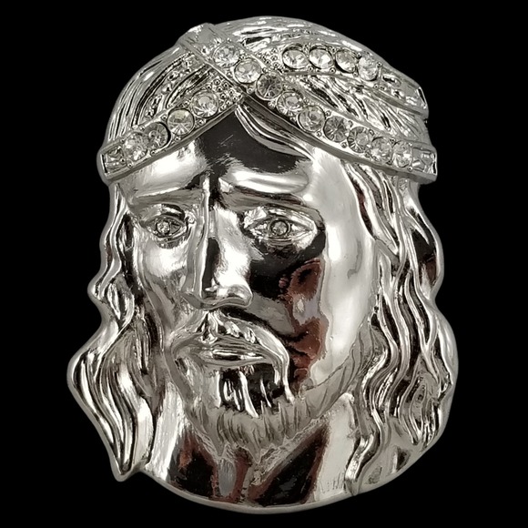 Jesus Piece Belt Buckle Silver Rhinestone Religious Bling Hip Hop Style - Picture 3 of 7